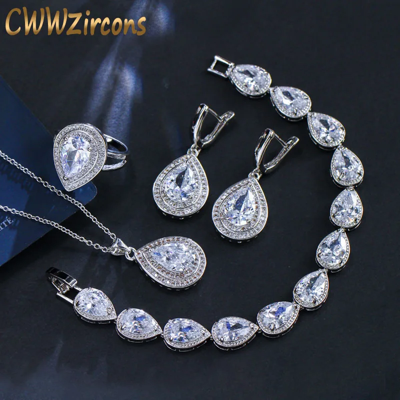 CWWZircons Pretty Women Pendant Earrings Bracelet And Rings 4 Piece Set Luxury Water Drop Cubic Zirconia Jewelry Sets T015