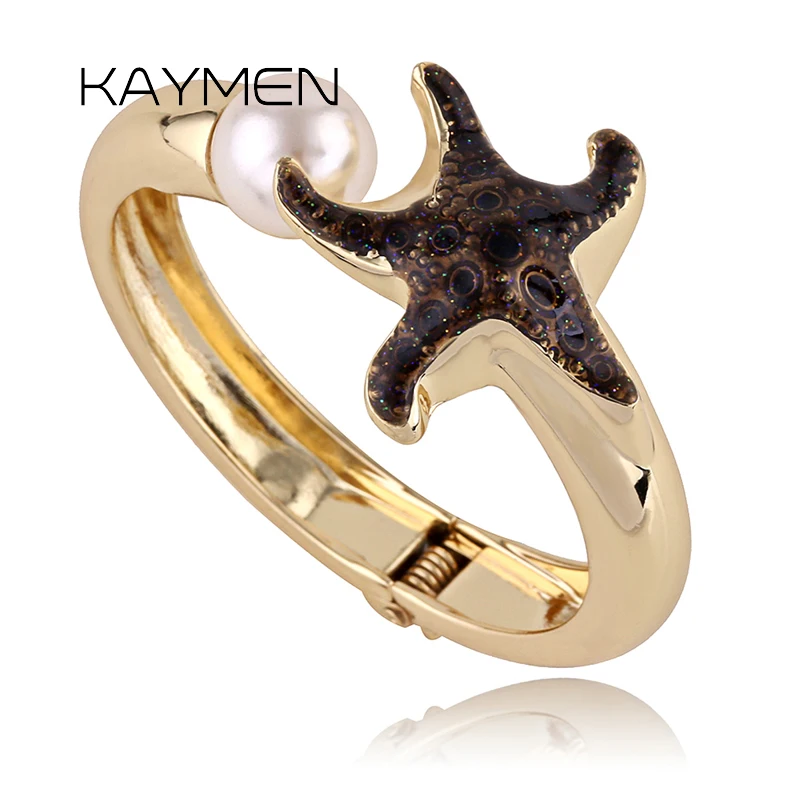 Newest Unique Starfish Statement Fashion Bangle Enameled Colorful Cuff Bracelet for Women Party Wedding Prom Costume Jewelry