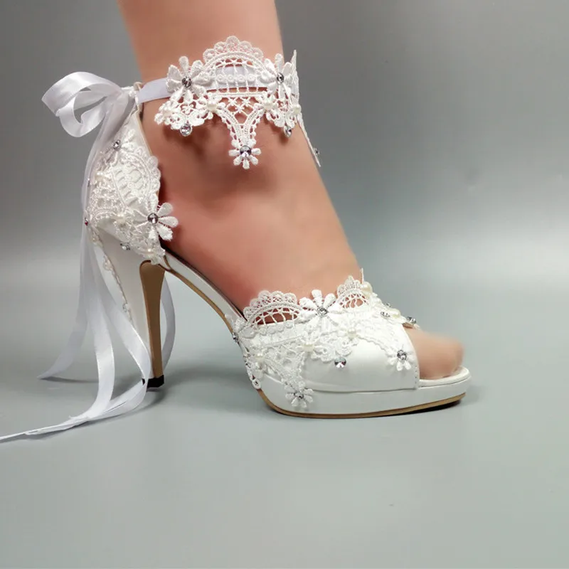 

Womens wedding shoes 2020 New arrival Peep Toe white lace-Up shoes Two-piece Ladies party dress shoes woman 8cm High heel Pumps