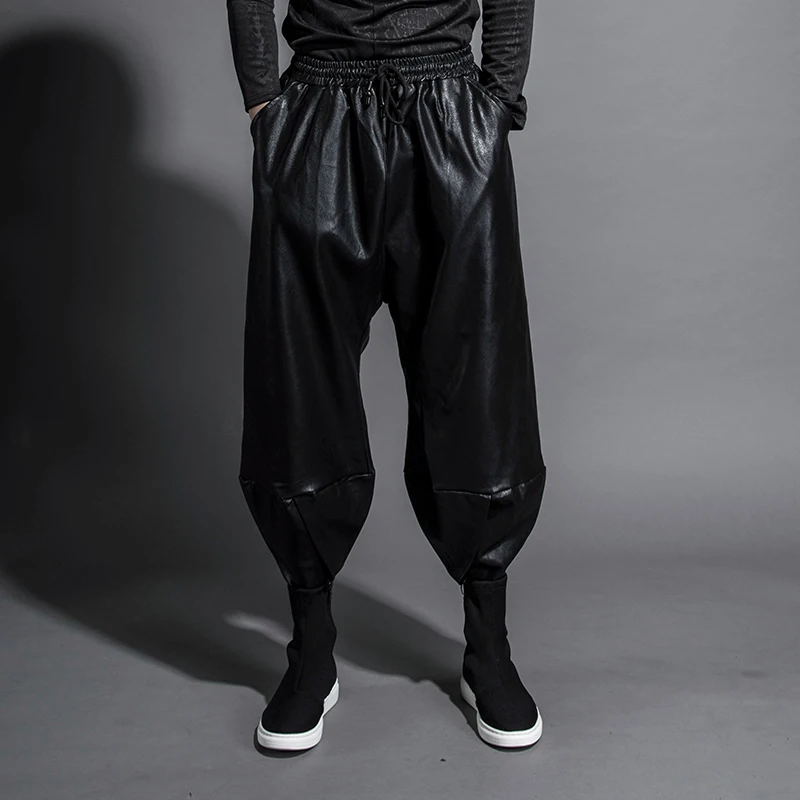 

S-6XL! Personality style of autumn and winter night club elastic waist baggy pair of baggy pants baggy leather pants