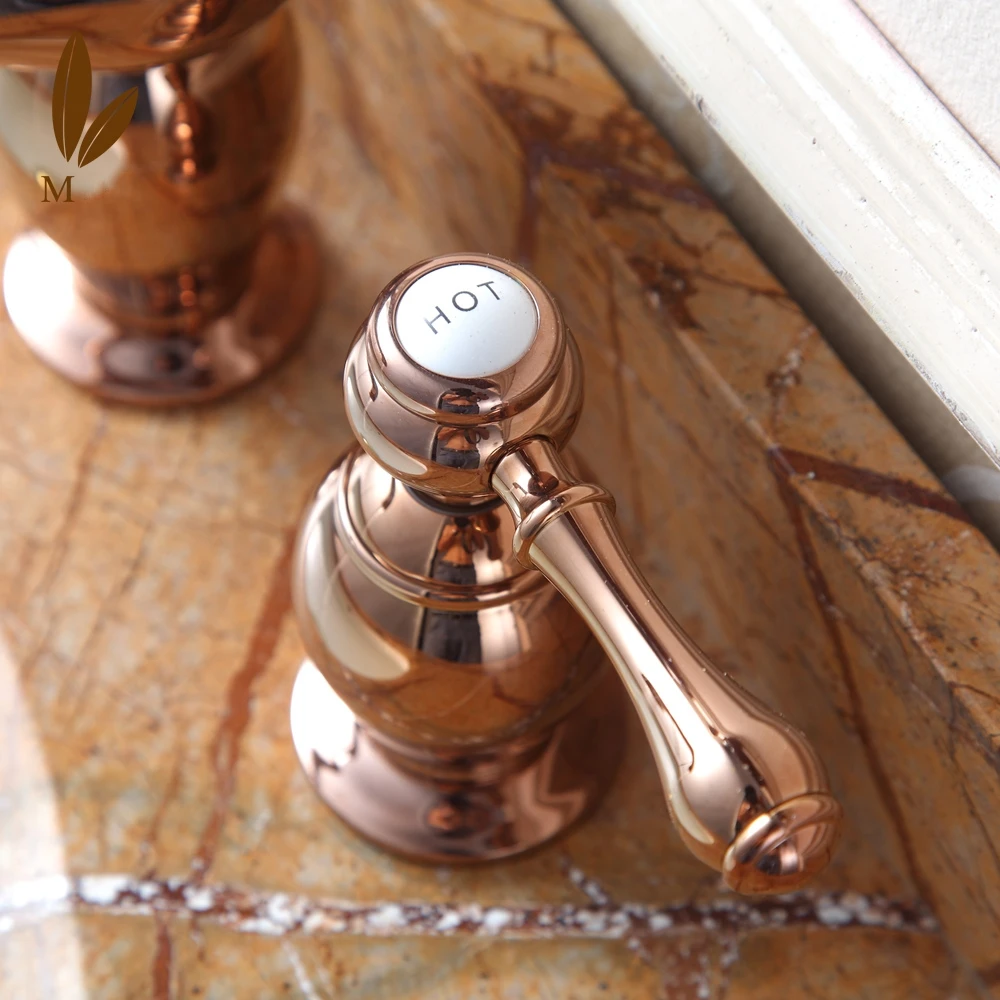 New Luxury Rose gold Solid brass copper dual handle Washbasin faucet European three holes lavatory Faucet Waterfall tap