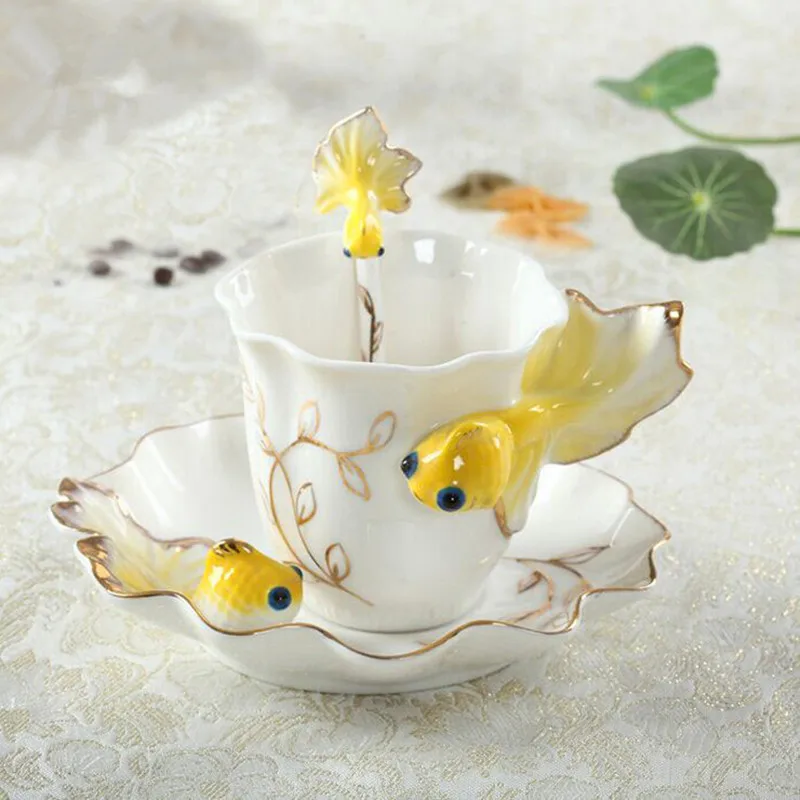 Goldfish Enamel Coffee Cup With Saucer Spoon Hadmade 3D Ceramic Tea Milk Mugs Set Breakfast Water Bottle Christmas Lover Gifts