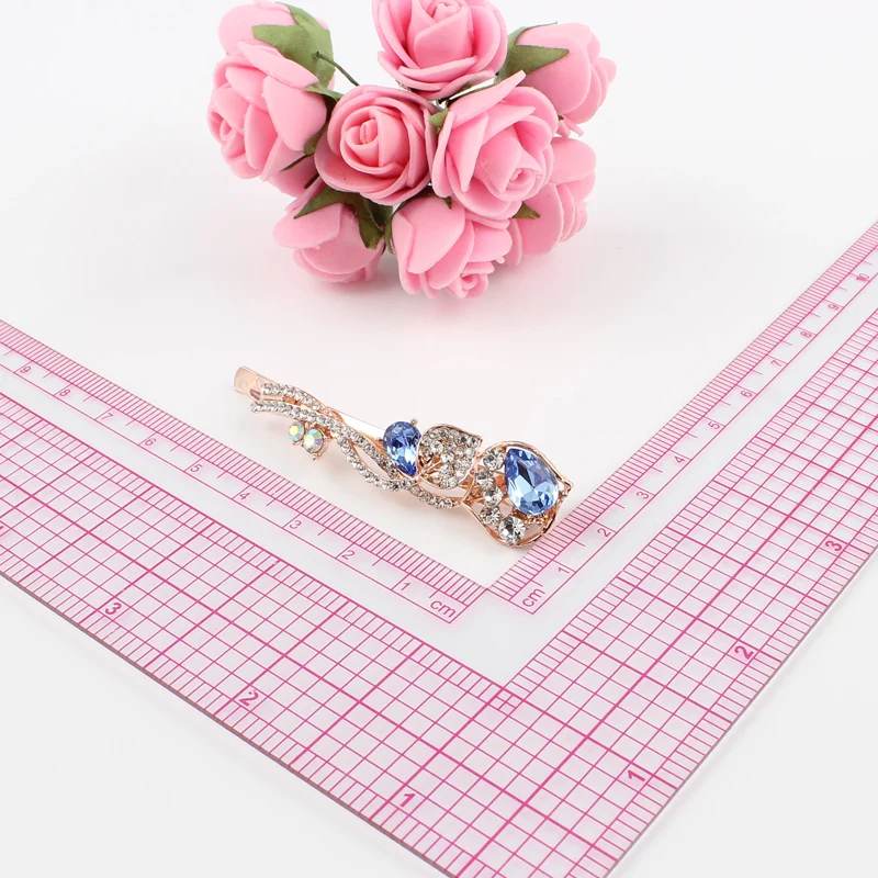 1 PC hair clip women flower rhinestones blue pink purple girls hot brand hairclip K9 crystal stones golden alloy head jewelry