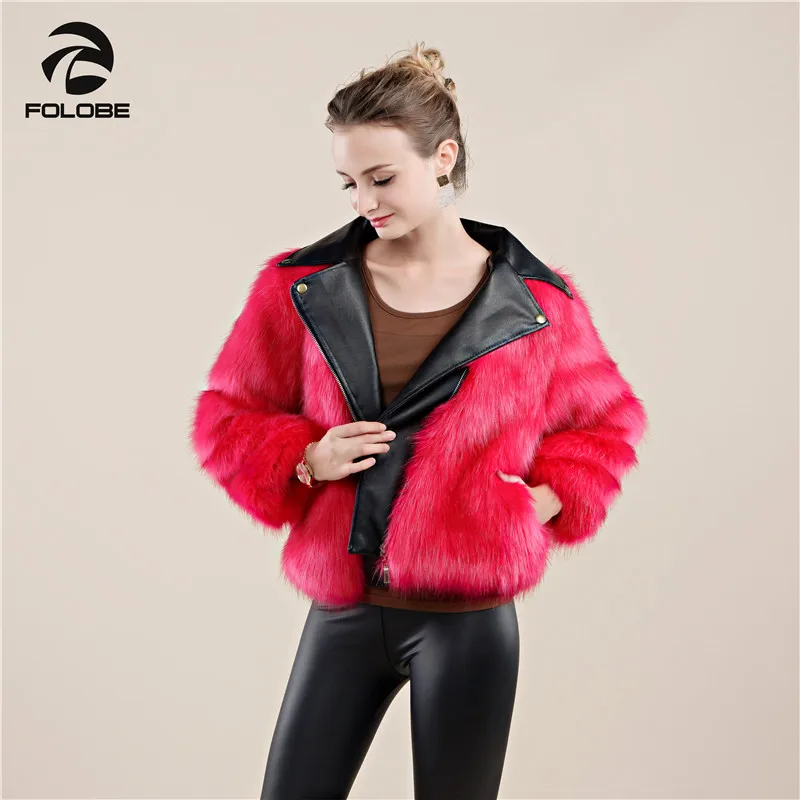 

FOLOBE Winter Coat For Women Stylish Faux Fur PU Patchwork Coat Women's Short Style Motorcycle Outwear Jacket Colothing