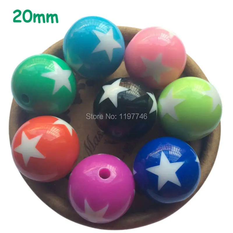 Hot Pink Five Pointed Star Print Beads Round Resin Chunky Bubblegum Bead 20mm 115pcs For Jewelry Making Handmade Bracelet DIY