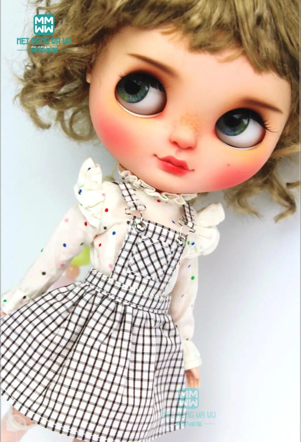 28cm Blyth Doll Clothes Fashion Denim strap dress, striped tights