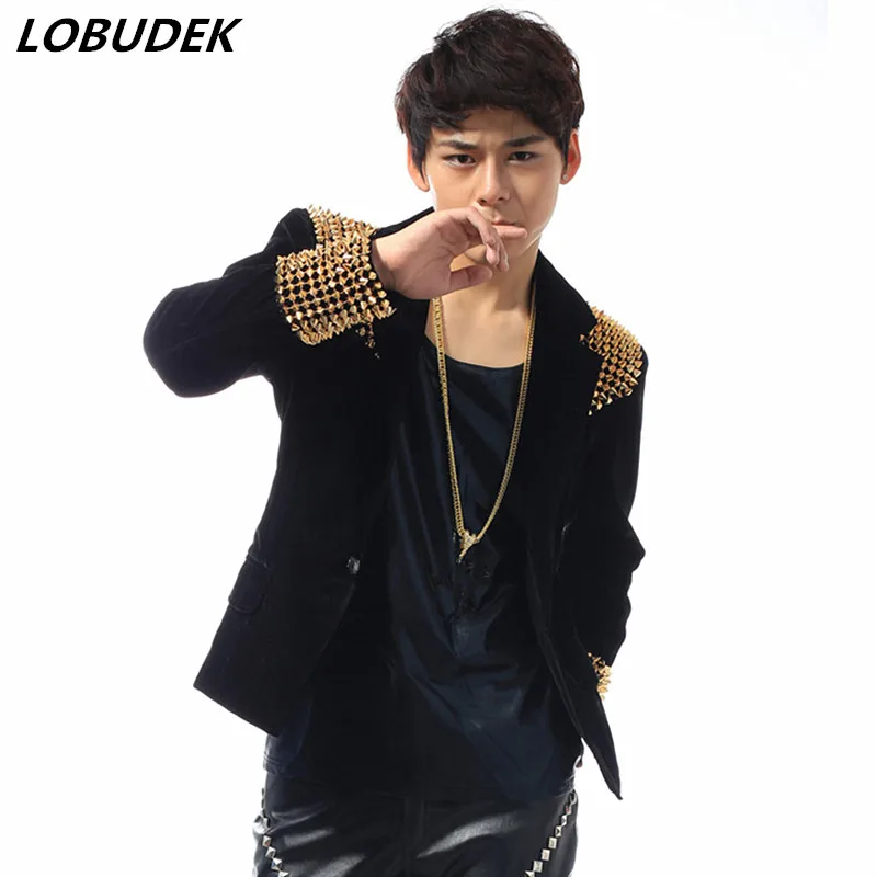 Punk style male jacket coat gold rivet Jackets Blazers Bar nightclub DJ singer Costume dancer stage performance dance outerwear