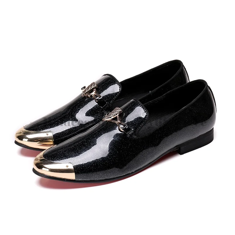 Men Event Shoes Metal Buckle Dress Shoes Black Patent Bright Leather Loafer Slippers Size 37-47