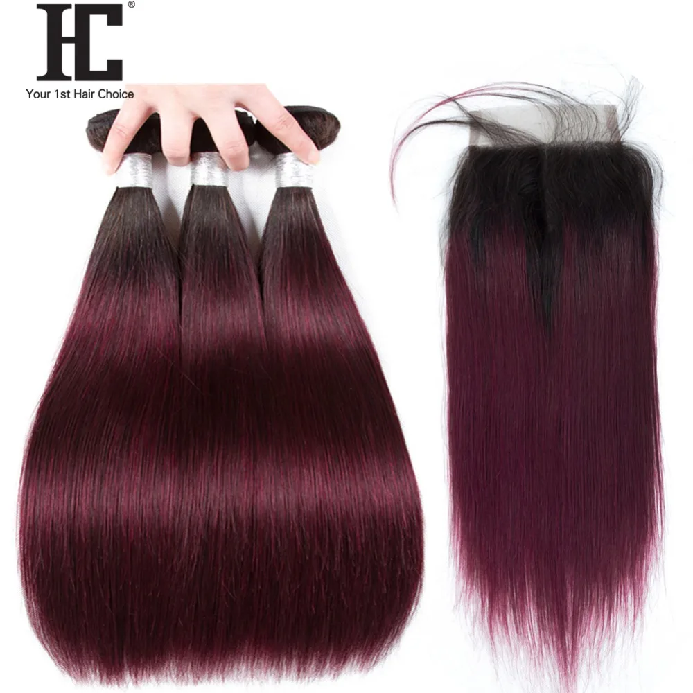 

Ombre Brazilian Straight Hair Bundles With Closure Non Remy Human Hair Extensions 1b/99j Red Wine 10-28" Hair Weave With Closure