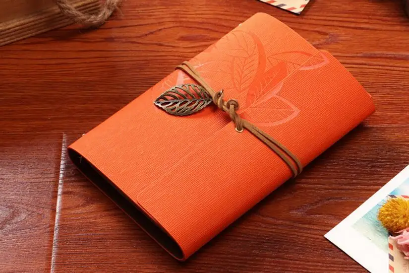 5 Inch 14.5x10.5cm PU Leather Vintage Khaki Paper Maple Leaf Photo Album Diary Notebook 80 Sheets Steel Ring Binding Lron Leaves