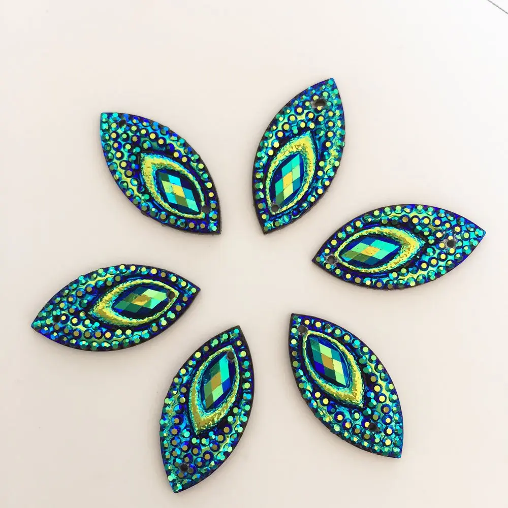 40PCS AB Resin 11*22mm Horse eye Flatback Peacock Rhinestone Ornaments DIY Wedding appliques 2 hole buttons SD34*2