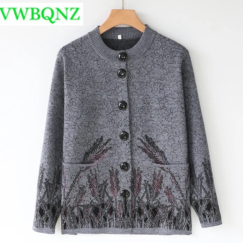 Middle-aged ladies Cardigan Women Spring autumn Long Sleeve  Female Elegant Knitted Pocket Loose Outerwear Sweater High Quality