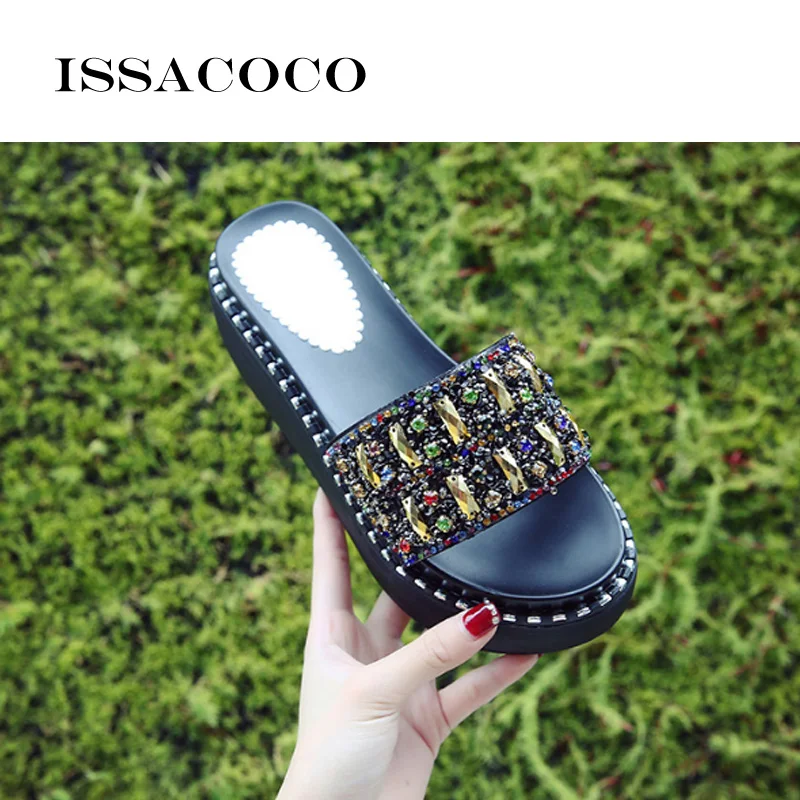 ISSACOCO Women Summer Crystal Diamond High Platform Slippers Women's Home Slippers Beach Shoes Casual Shoes Woman'S Shoes Terlik