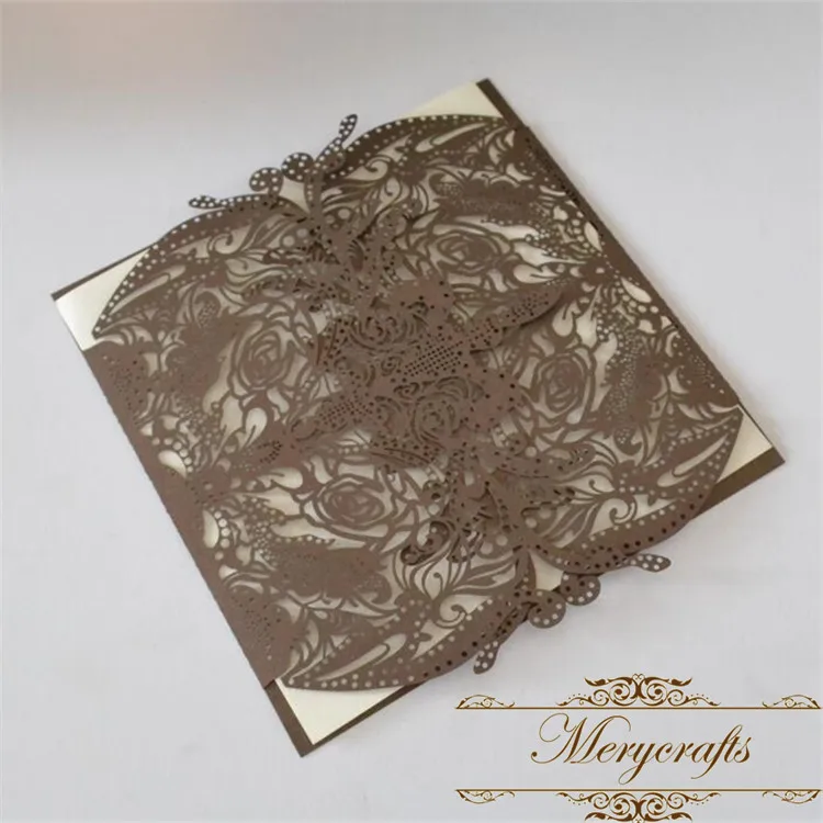 

Noble gorgeous lace gatefold brown pearl color laser cut wedding invitation card