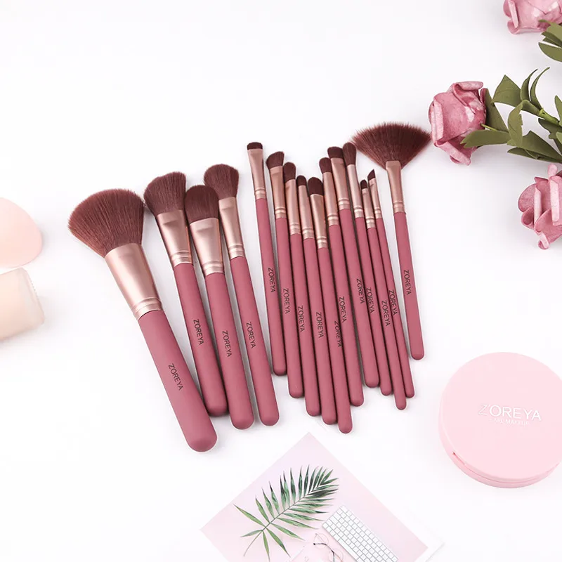 Zoreya 15Pcs Wine Red Rubber Paint Wooden Handle Makeup Brushes Comfortable Synthetic Hair Powder Concealer Eye Shadow Fan Brush