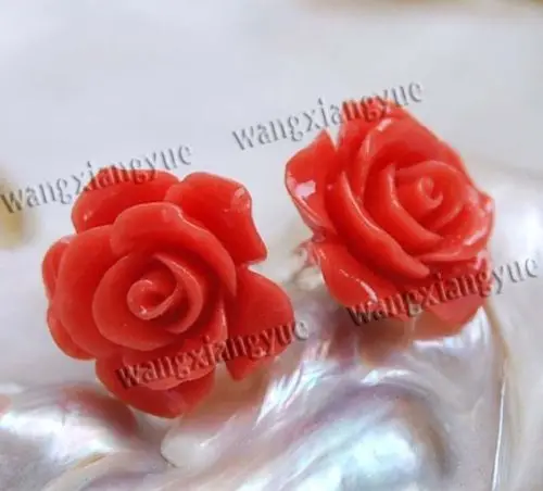 15mm Red Japan Sea Coral Carved Flower Earrings Silver Stud AAA