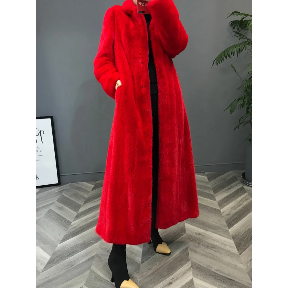 Denny&Dora Women's Mink Fur Coat Fashion Full-Long Outwear Thick Warm Fur Jacket Natural Mink Fur Coats Red Plus Size Parkas