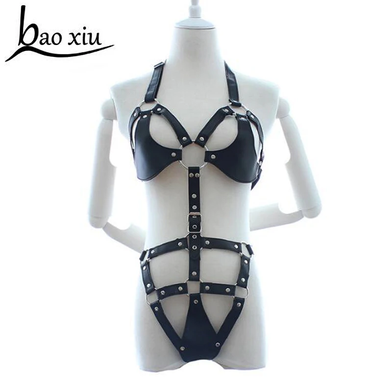 

New sexy Goth Lingerie Leather Harness cage bra lingerie Bondage metal Leather Body harness belt Rivet accessories