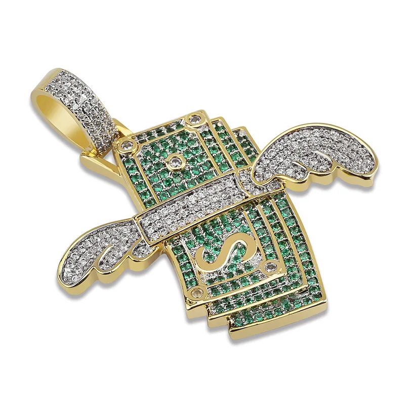 Hip Hop Green CZ Cubic Zirconia Pave Bling Ice Out Flying Dollar Money Pendants Necklace for Men Rapper Jewelry Drop Shipping