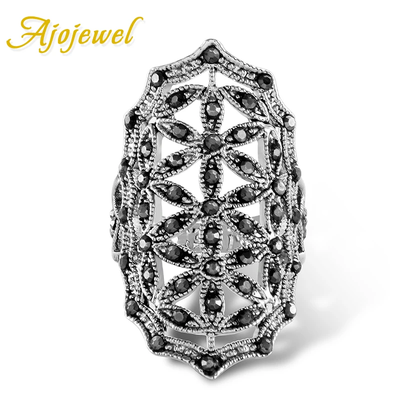 Ajojewel Bijoux Anel De Formatura Fashion Hollow Out Snowflake Black Crystal Big Rings For Women