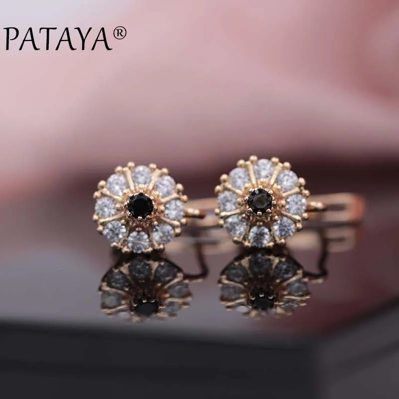 PATAYA New Lotus Drop Earrings 585 Rose Gold Color Natural Zircon Earrings Women White Wedding Jewelry Bridal Blue Drop Earrings