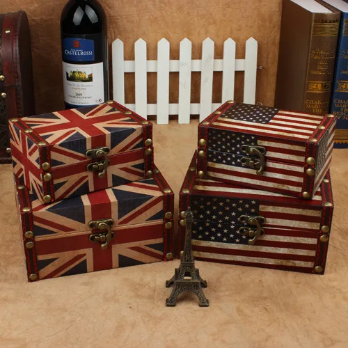 

Union Jack retro antique wooden storage box leather storage box cosmetic box British style storage box wholesale