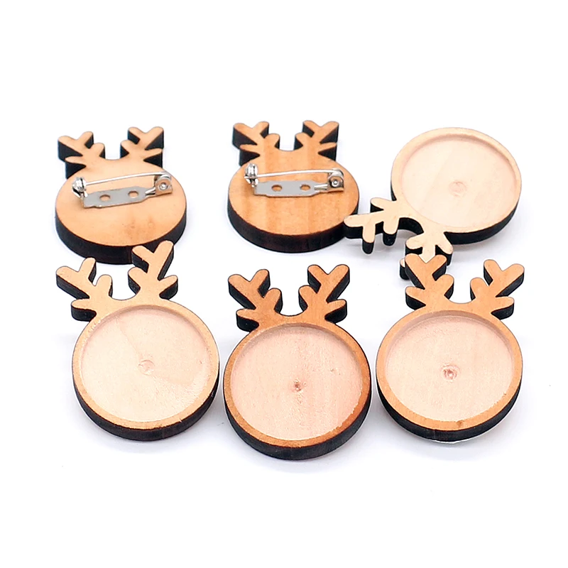 10pcs/lot Christmas Wooden Deer  25mm Round Brooch Base Cabochon Blanks Trays with Brooch Pins Cameo Cabochon Base Setting