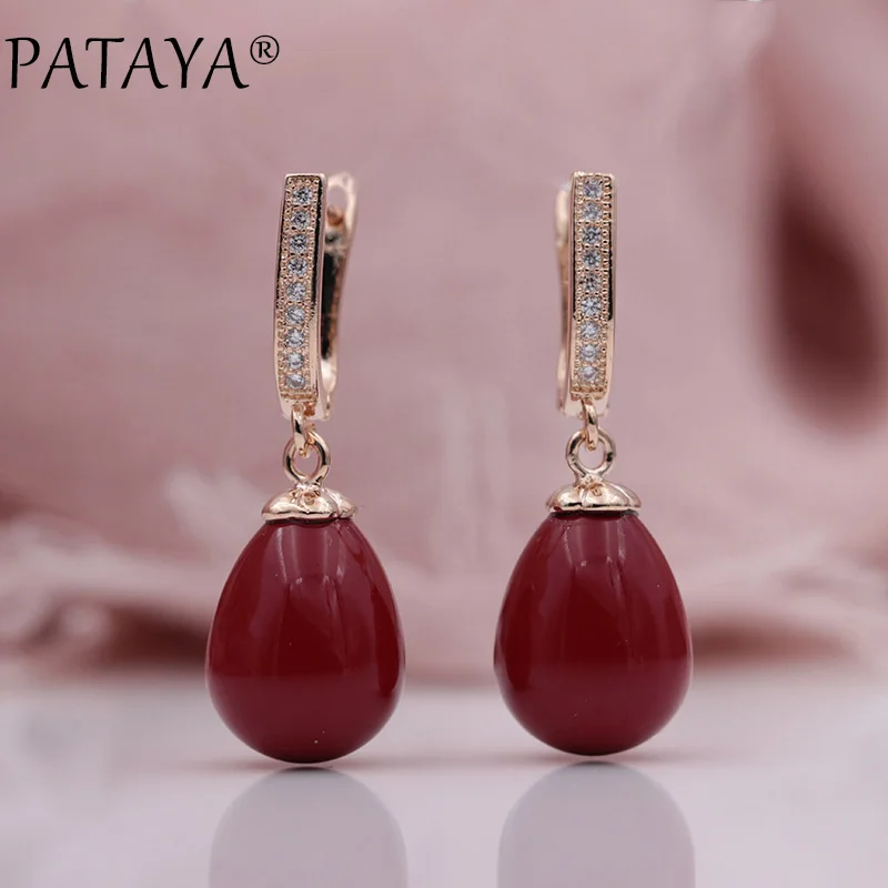 PATAYA New 585 Rose Gold Color Micro Wax Inlay Natural Zircon Faux Shell Pearls Multicolor Drop Long Earrings Women Fine jewelry