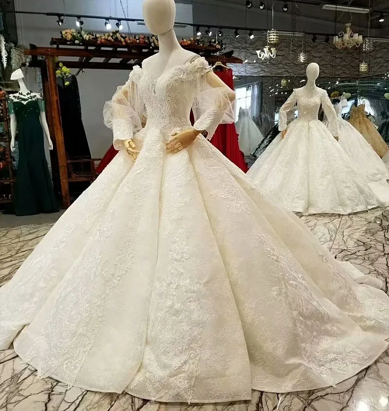 robe de mariee Real Photo vestido de noiva V Neck Lace Crystal Full Sleeves Vintage Wedding Dresses 2021 QUEEN BRIDAL WD73