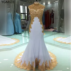 Elegant White Muslim Evening Dresses Long Luxury 2022 Mermaid with Gold Embroidery Beads Crystal Women Formal Party Prom Gowns