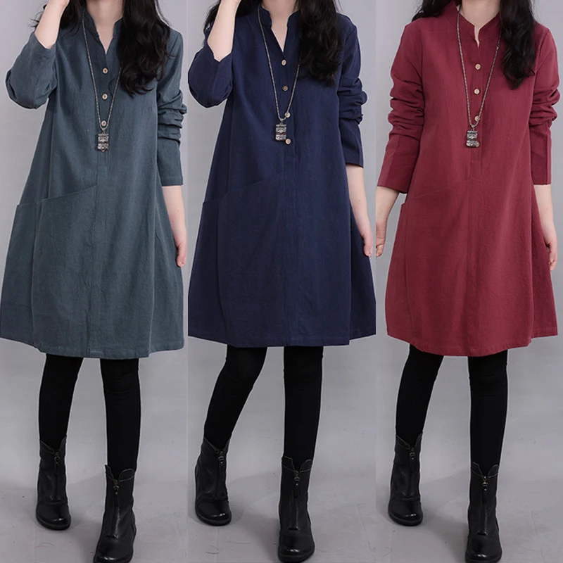 Cotton Linen Women\'s Long Sleeve Dress Ladies Solid Casual Loose Party Dress New