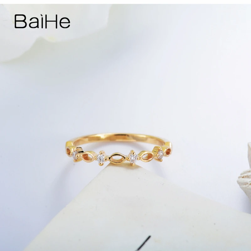 BAIHE Solid 14K Yellow Gold 0.06CT H/SI Natural Diamond Match Ring Women Men Trendy Wedding Fine Jewelry Making Anel diamante