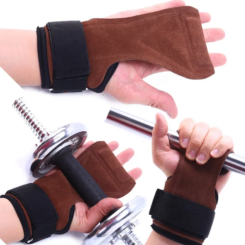 

1 Pair Double Layer Cowhide Leather Horizontal High Bar Pull Up Training Gym Gloves Mitts Belt Weight Lifting