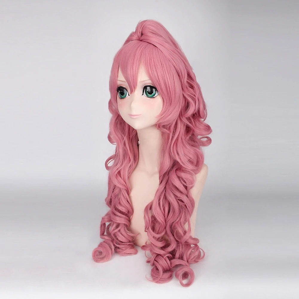 Anime Vocaloid RUKA-Peluca de cabello sintético para mujer, pelo largo rizado para disfraz de Cosplay, fiesta de Halloween, Rosa, con cola de caballo