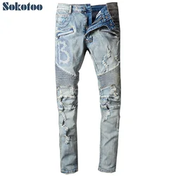 Sokotoo-pantalones vaqueros rasgados de motorista para hombre, de estilo vintage jeans ajustados, azul claro con agujeros, informales, plisados y rasgados