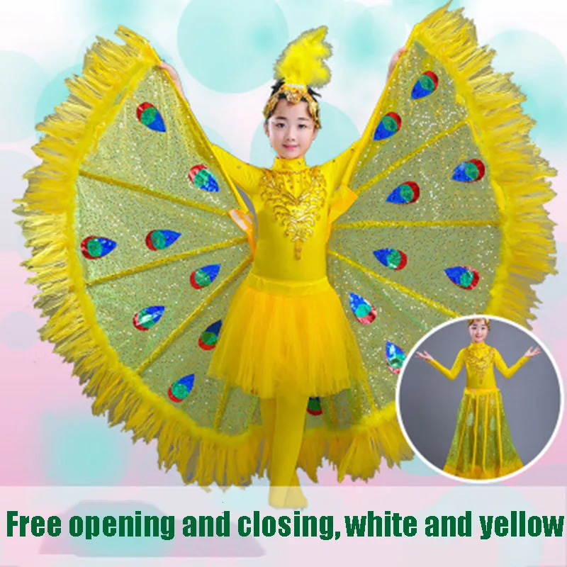 2019 Cute Girls Peacock Dance Dress Children Performance Costumes Girl Dancewear Halloween Party Costumes with Headwear&Tail