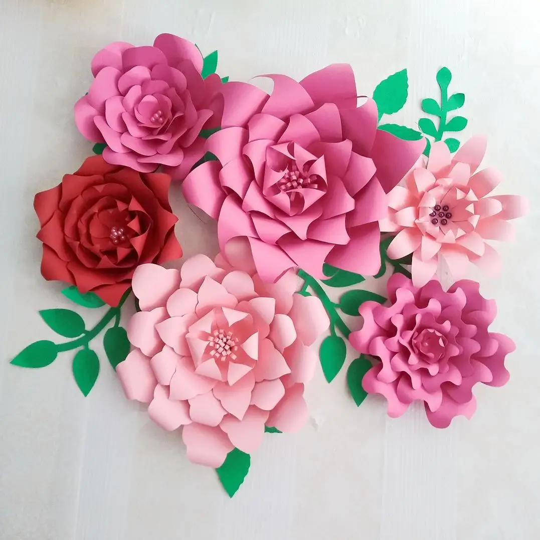 

2018 Half Made Giant Paper Flowers 6PCS + Leaves 7PCS Large Flower Wedding Backdrop Baby Nursery Bridal Shower Mix 3 Colors