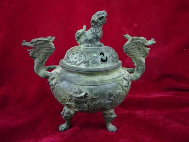 Collectable Ming Dynasty (xuan de1426-1438)Bronze Dragon and Lion Incense Stove\Censer,Decoration,free shipping