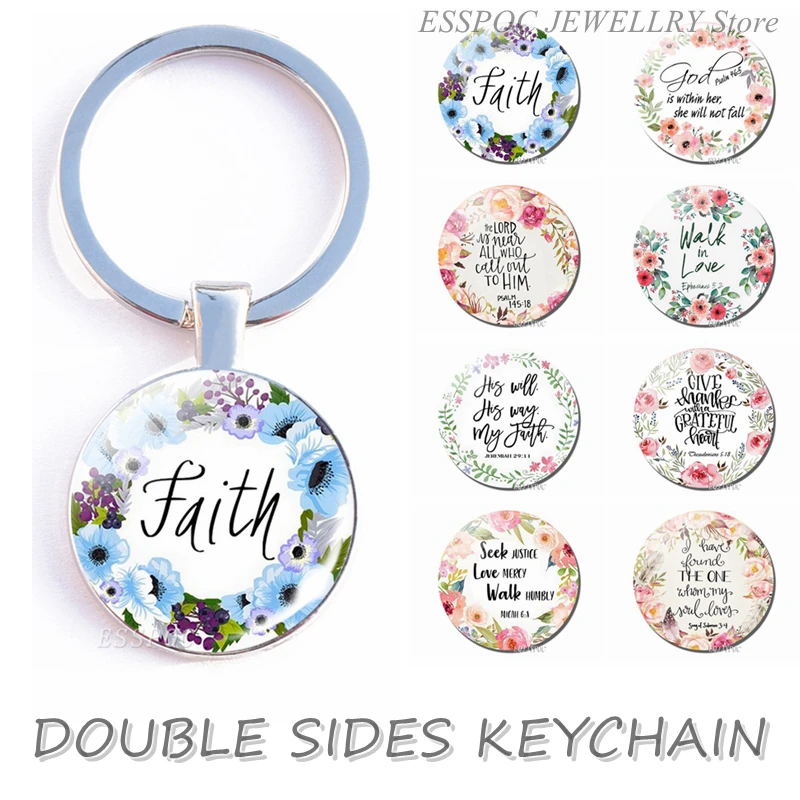 Bible Verse Double Face Keychain Glass Cabochon Jewelry Jesus Pendant Religious Key Chain Women Men Christian Gifts