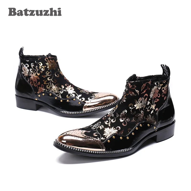 Batzuzhi Italian Type Men Shoes Pointed Metal Toe Black Leather Ankle Boots Botas Hombre Designer's Party Prom Boots Man, US6-12