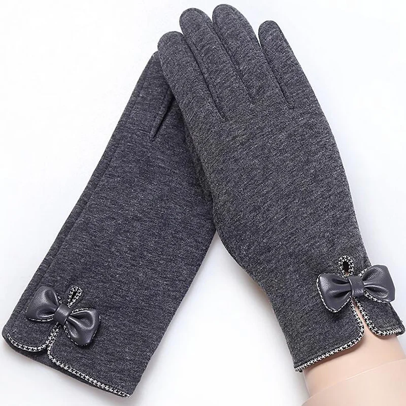 High Quality Fashion Elegant Women Touch Screen Glove Winter Female Lace Warm Cashmere Bow Full Finger Mittens Wrist Guantes 16E