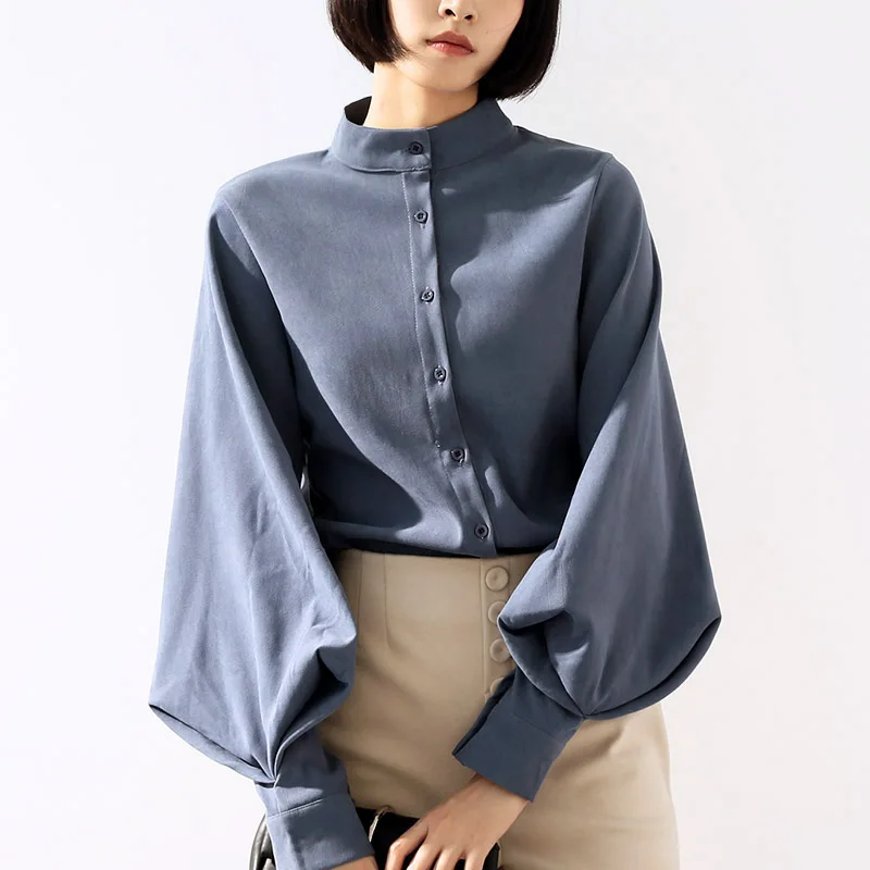 Long Wide Lantern Sleeve Blouse Women Tops and Blouses Vintage Stand Collar Button Down Shirts Female 2019 Spring Fashion Tops