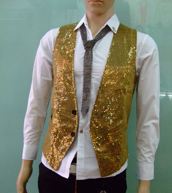 

Free Shipping Men's High Quality Bar Hair Stylist Fashion Stage Vest Slim Paillette Suit Vests Sequin Costumes Clothing S-xxxl