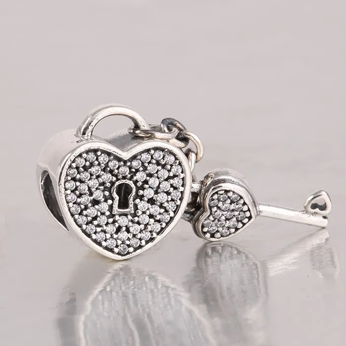 

Authentic 925 Sterling Silver Lock & Key Heart Dangle Charms Pave CZ Suitable for Brand Style Charm Bracelets & Necklaces