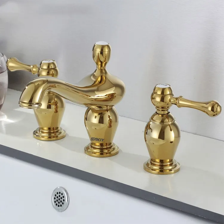 Luxury gold all brass Waterfall Widespread Bathroom Sink Faucet Basin Vanity Mixer Tap