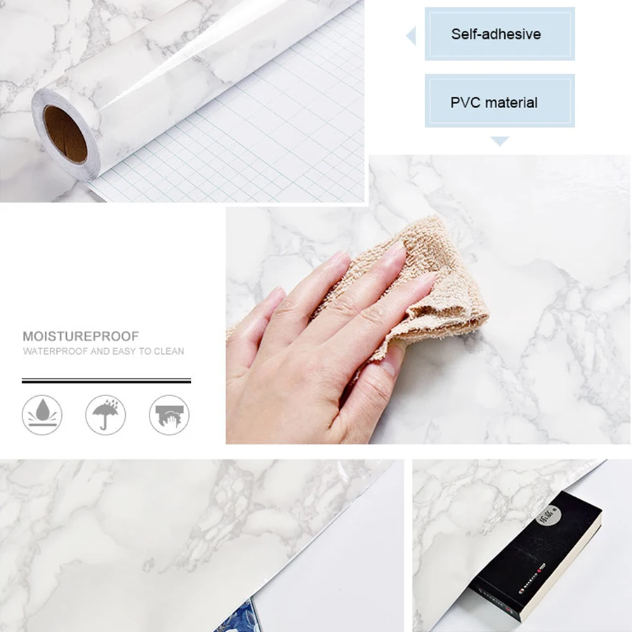 PVC Waterproof Marble Wall Sticker Self-Adhesive Desktop Cabinet Furniture Renovation Film Kitchen Stove Bar Oil-Proof Wallpaper