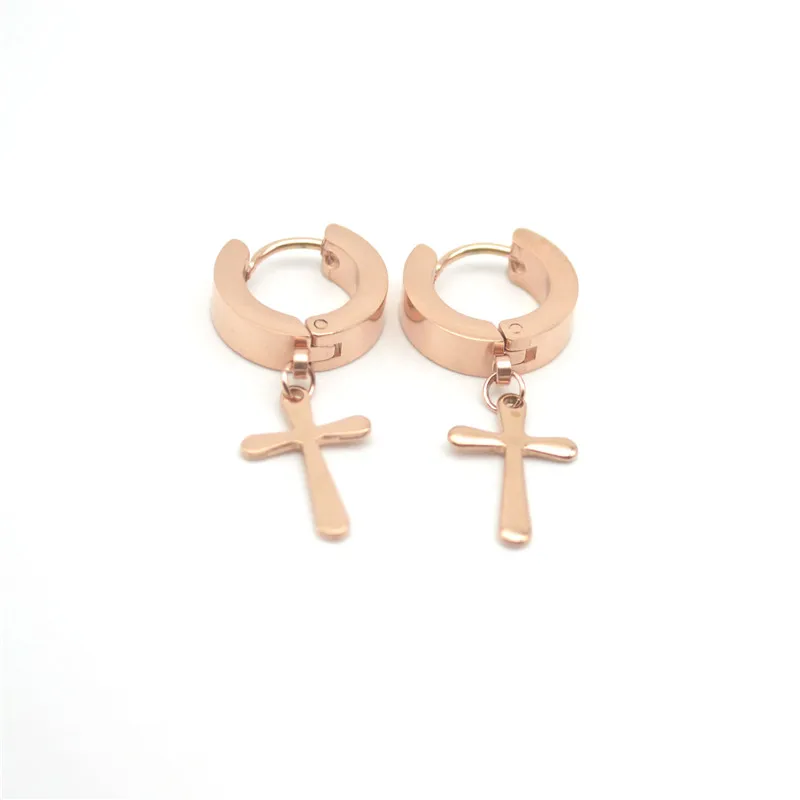 

Hoop Earring Cross Pendant Rose Gold Color Earrings Women Accessories Fashion Jewelry Huge Punk 316L Stainless Steel