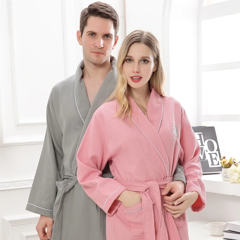 

Summer Cotton bath robe dressing gown Men Women long Sleeve Waffle Sleep Lounge Bathrobe Peignoir Nightgowns Lovers Robes summer