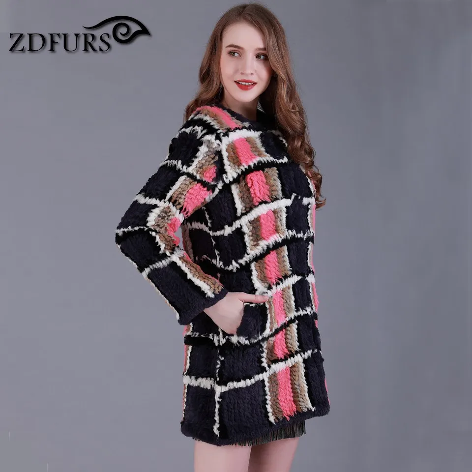 Zdfurs * 2017 novo real feito à mão malha rex coelho casaco de pele inverno outerwear estilo longo grid casaco de pele ZDKR-165021