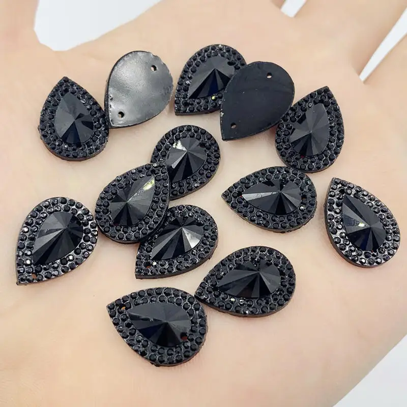 13*18mm Water drop BLACK Resin Gems Stone For Bead Work Flat Back Sew On Rhinestones With 2 Holes 40Pieces/lot -S67